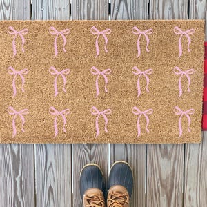 Pink Coquette Bow Pattern Doormat | Cute Ribbon Doormat | Cute Front Doormat | Girly Welcome Mat | Aesthetic Doormat | Girly Home Decor
