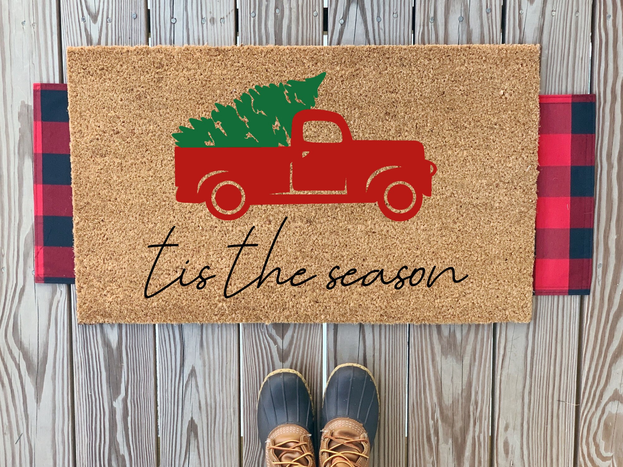 Discover Tis the Season Doormat | Christmas Tree Truck Doormat | Cute Winter Mat