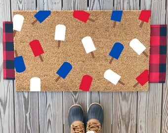 Rood-wit-blauwe deurmat met ijslollypatroon | Kleurrijke deurmat VS | Patriottische zomerwelkomstmat | Decor 4 juli | Feest in de VS