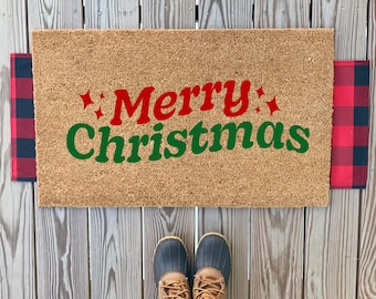 Retro rode en groene voordeurmat vrolijk kerstfeest | Leuke winter Welcome Home-mat | Kerstdecoratie terras buiten | Moderne klassieke kerst