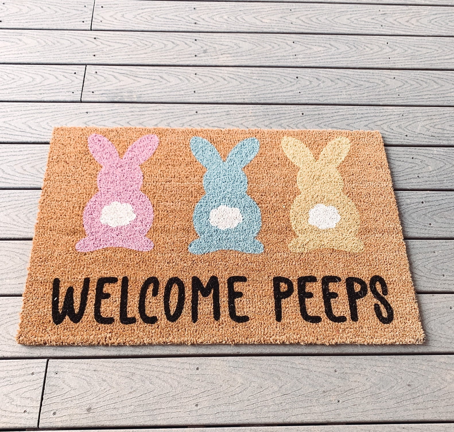 Welcome Peeps Easter Doormat | Cute Easter Bunny Front Doormat | Fun Colorful Pastel Spring Doormat | Personalized Custom Housewarming Gift