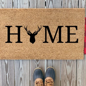 Home with Deer Head Front Doormat | Hunting Doormat | Outdoorsy Themed Doormat | Rustic Farmhouse Decor | Outdoor Front Doormat Housewarming