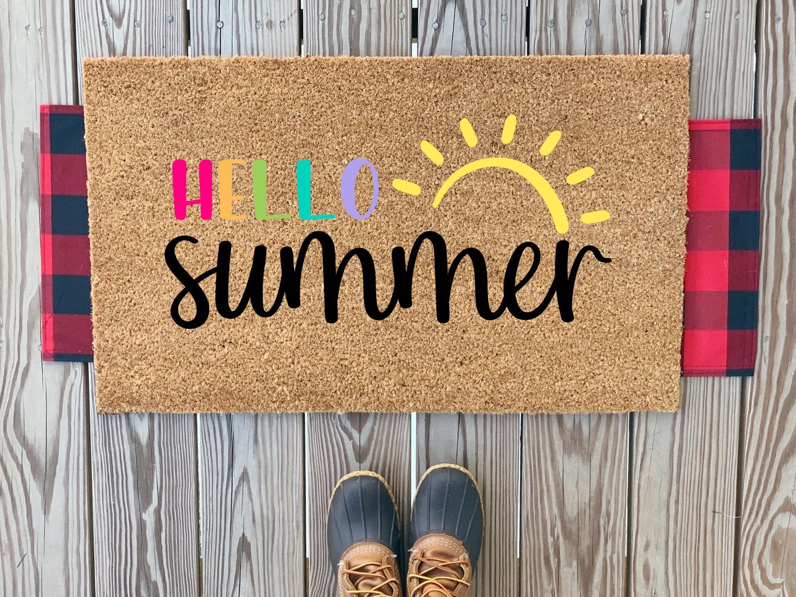Colorful Hello Summer Sunshine Doormat | Cute Summer Outdoor Welcome Mat | Rainbow Front Doormat | Housewarming Gift | Summer Porch Decor
