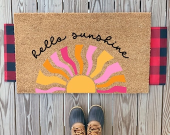 Kleurrijke Sunray Hello Sunshine-deurmat | Schattige bloemen lente Welcome Home mat | Lente veranda decor | Strandhuisdecoratie | Housewarmingcadeaus