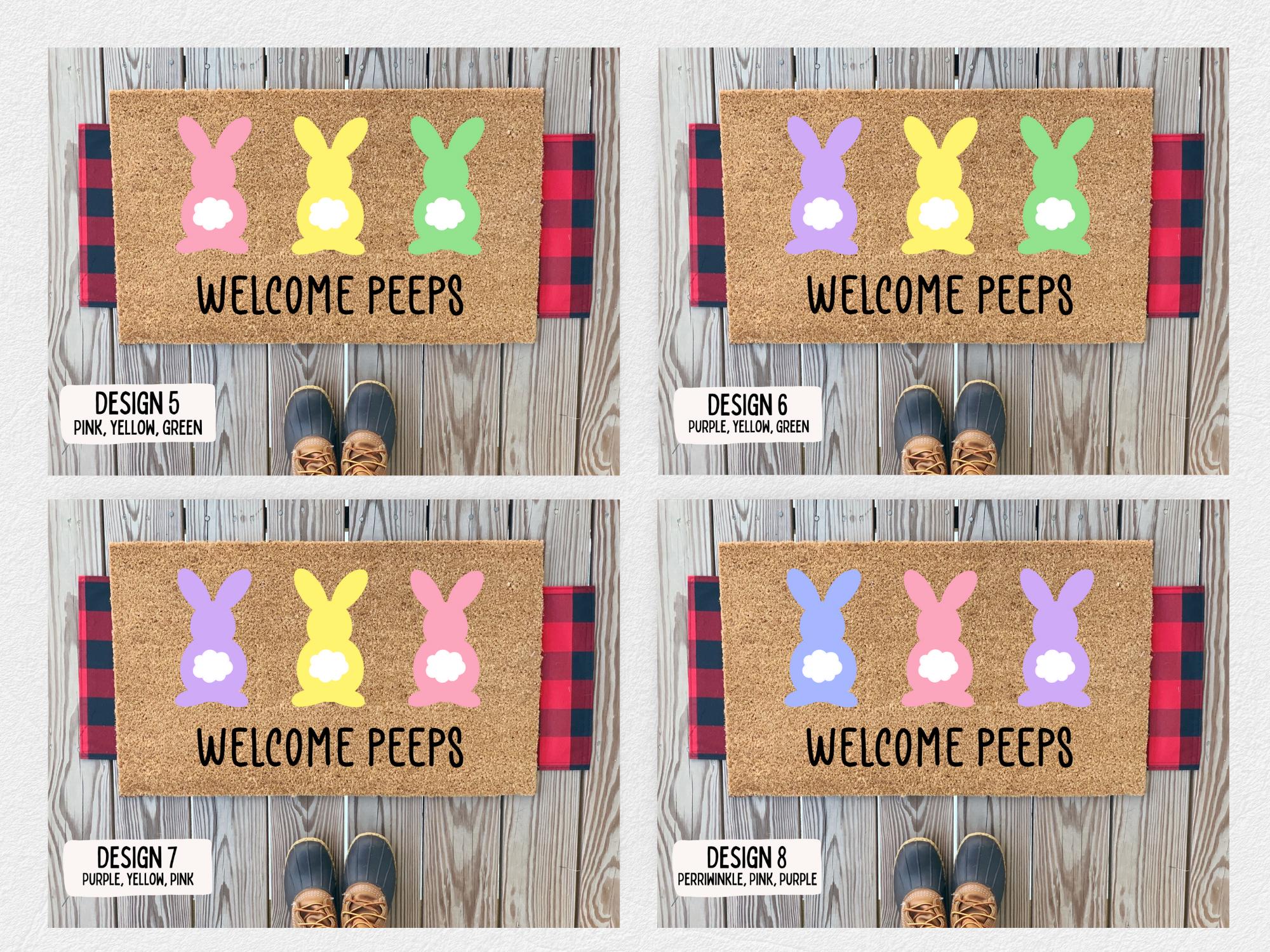 Welcome Peeps Easter Doormat | Cute Easter Bunny Front Doormat | Fun Colorful Pastel Spring Doormat | Personalized Custom Housewarming Gift