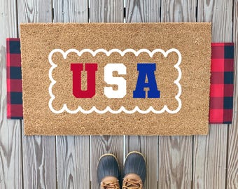 Leuke geschulpte rood-wit-blauwe deurmat | Eenvoudige deurmat VS | Patriottische Welcome Home-mat | Fourth of July Memorial Day, Made in America