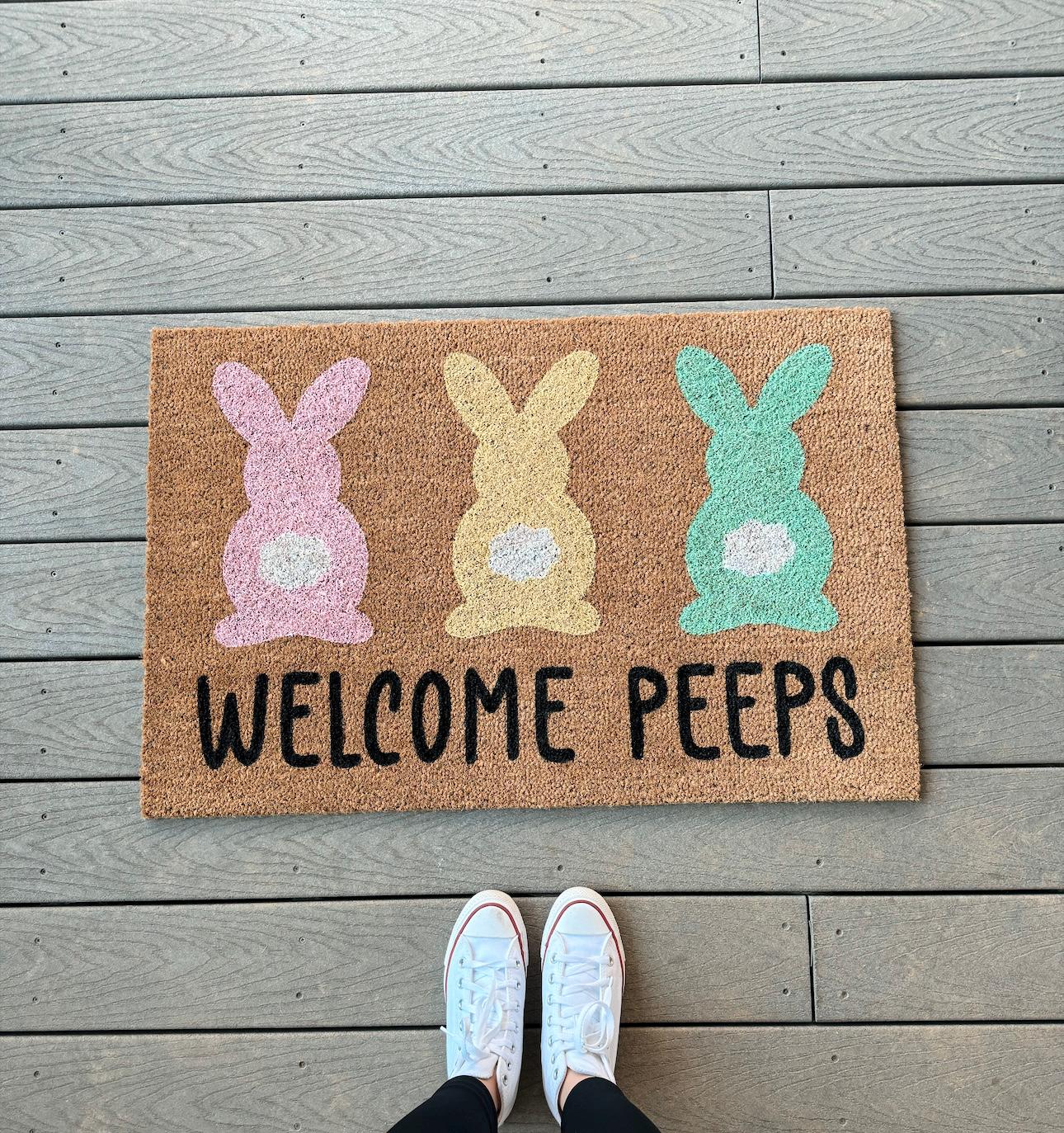 Welcome Peeps Easter Doormat | Cute Easter Bunny Front Doormat | Fun Colorful Pastel Spring Doormat | Personalized Custom Housewarming Gift