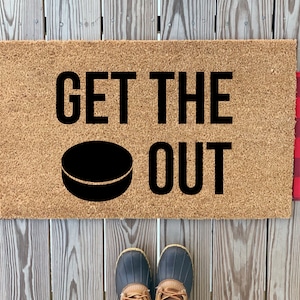 Get The Puck Out Hockey Doormat | Funny Hockey Doormat | Funny Doormats | Funny Welcome Home Mat | Housewarming Gift | Hockey Themed Doormat