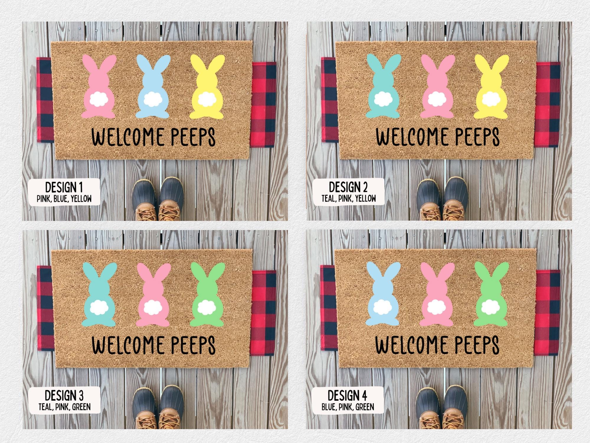 Welcome Peeps Easter Doormat | Cute Easter Bunny Front Doormat | Fun Colorful Pastel Spring Doormat | Personalized Custom Housewarming Gift