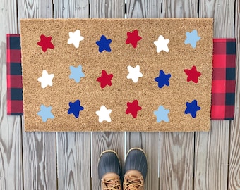 Rood-witte en blauwe deurmat met sterpatroon | Voordeurmat VS | Welkomstmat 4 juli | Stars & Stripes-mat | Zomerdecor veranda buiten