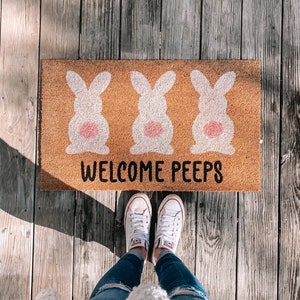 Welcome Peeps Easter Doormat | Cute Easter Bunny Front Doormat | Fun Colorful Pastel Spring Doormat | Personalized Custom Housewarming Gift