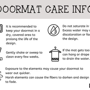 Puede incluir: Imagen con texto: DOORMAT CARE INFO. Las instrucciones incluyen: mantener la alfombra seca, sacudir o barrer para limpiar, evitar la saturaci&oacute;n de agua. La exposici&oacute;n a los elementos puede causar desgaste.