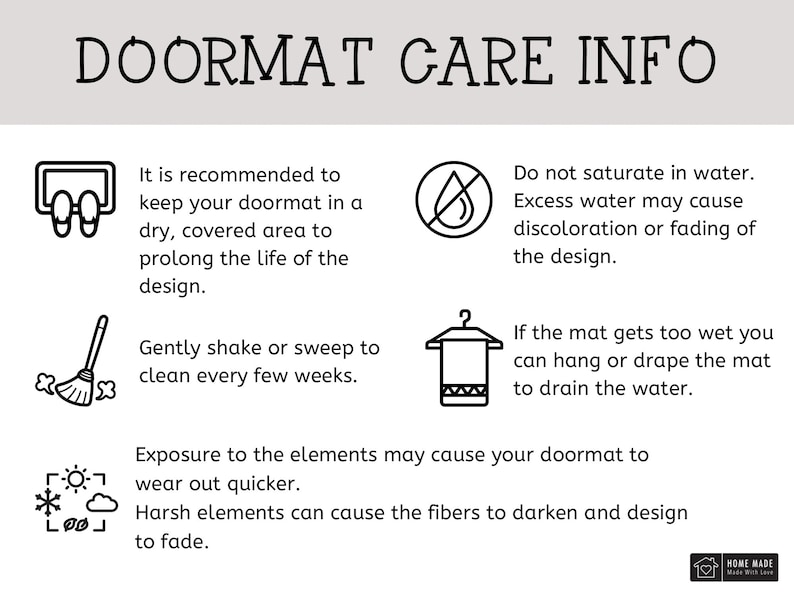 Puede incluir: Imagen con texto: DOORMAT CARE INFO. Las instrucciones incluyen: mantener la alfombra seca, sacudir o barrer para limpiar, evitar la saturaci&oacute;n de agua. La exposici&oacute;n a los elementos puede causar desgaste.