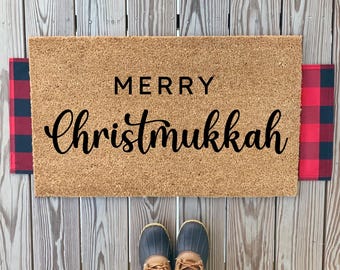 Merry Christmukkah-deurmat | Elegante Merry Christmas Chanoeka-welkomstmat | Menora-deurmat | Shalom | Fijne dagen | Fijne feestdagen