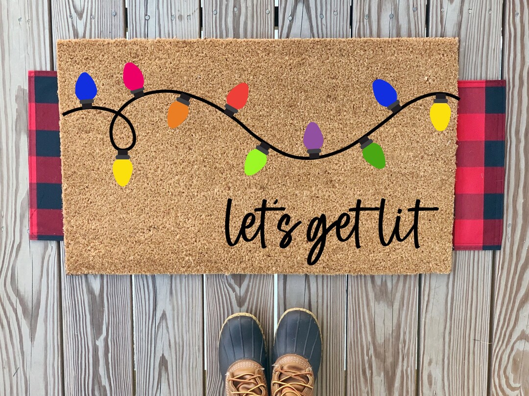 Colorful Let's Get Lit Christmas Lights Doormat Rainbow Christmas