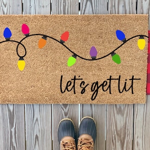 Colorful Let&#39;s Get Lit Christmas Lights Doormat | Rainbow Christmas Lights Doormat | Housewarming Gift | Handmade Holiday Christmas Gift