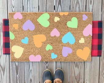 Pastel Rainbow Candy Heart Valentines Day Doormat | Cute Seasonal Spring Welcome Mat | Colorful Front Doormat | Galentines Day Porch Decor