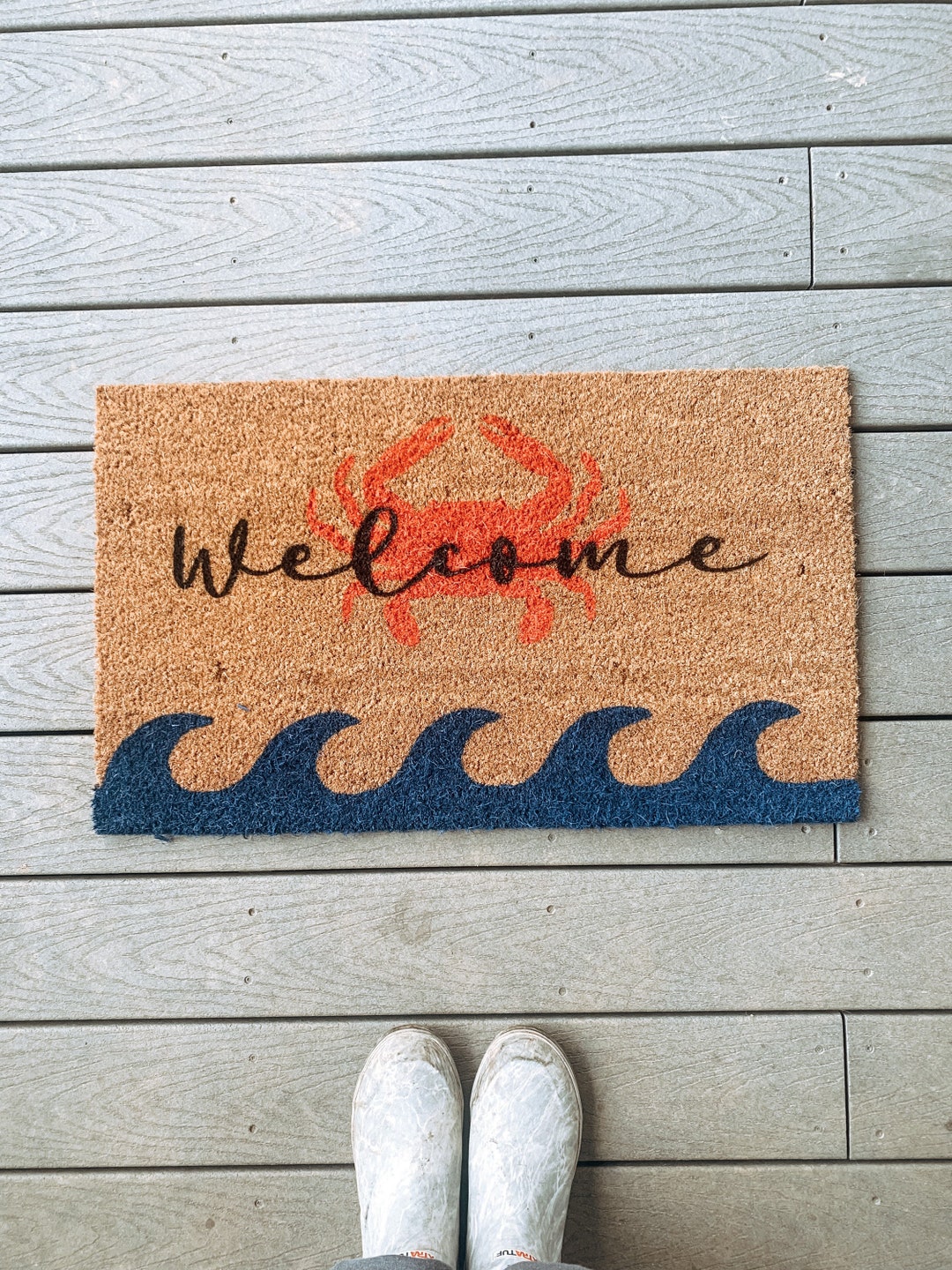 Crab and Beach Themed Welcome Mat Cute Summer Welcome Mat Coir Doormat ...