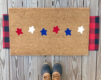 Eenvoudige rood-witte en blauwe deurmat met sterren | Voordeurmat VS | Welkomstmat 4 juli | Stars & Stripes-mat | Zomerdecor veranda buiten