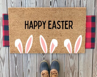 Deurmat Happy Easter Bunny Ears | Hallo, tot ziens lente welkomstmat | Leuke paasdeurmat | Buiten lente en terrasdecoratie | Housewarming