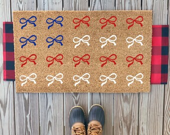 Rood-wit-blauwe deurmat met strikvlag | Leuke deurmat met strik in de VS | Patriottische welkomstmat | Fourth of July-deurmat | Feest in de VS Mat