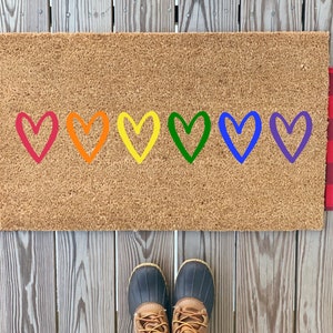 Rainbow Heart Doormat | Cute Heart Doormat | Love is Love Doormat | LGBTQ Pride Doormat | LGBTQ Ally | Pride Week Decor | Housewarming Gift