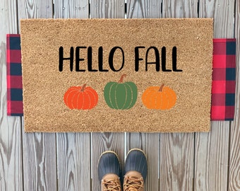 Hello Fall with Pumpkins Outdoor Mat | Cute Fall Front Doormat | Cute Fall Home Porch Decor | Hello Pumpkin | Coir Doormat | Housewarming