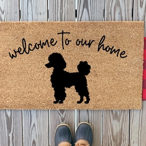 Welcome to our Home Poodle Silhouette Doormat | Dogs Welcome Doormat | Poodle Doormat Outdoor Welcome Mat | New Pet Parent Housewarming Gift