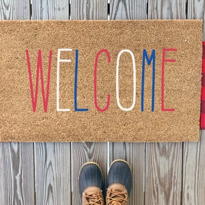 Red White and Blue Welcome Mat | Simple USA Porch Decor | Patriotic Welcome Home Doormat | 4th of July Outdoor Doormat | Stars & Stripes Mat