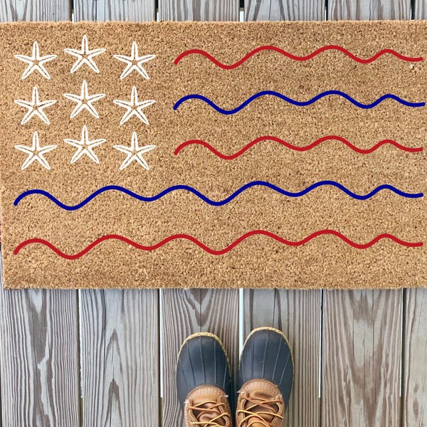 Red White & Blue Beachy Flag Doormat | Fourth of July Welcome Mat | Stars and Stripes Decor | Outdoor Summer Beach House Porch Decor