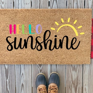Colorful Hello Sunshine Doormat | Cute Summer Outdoor Welcome Mat | Rainbow Front Doormat | Housewarming Gift | Cute Summer Porch Decor
