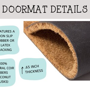 Puede incluir: Primer plano del borde de una felpudo, mostrando su construcci&oacute;n. La alfombra tiene un reverso antideslizante de goma o l&aacute;tex y est&aacute; hecha de fibras de coco 100% naturales. El grosor de la alfombra es de aproximadamente 1,65 cm. El texto "DOORMAT DETAILS" est&aacute; en la parte superior.