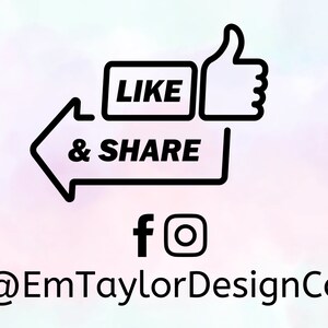 Puede incluir: Gr&aacute;fico en blanco y negro con las palabras "LIKE & SHARE" dentro de una burbuja de di&aacute;logo con un s&iacute;mbolo de pulgar hacia arriba. Debajo est&aacute;n los logotipos de Facebook e Instagram, y el texto "@EmTaylorDesignCo" sobre un fondo de acuarela.