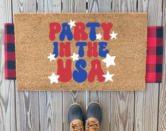 Party in the USA Retro Stars-deurmat | Welkomstmat 4 juli | Sterren en strepen | Land van de vrijen vanwege de dapperen | Vaderlandslievend