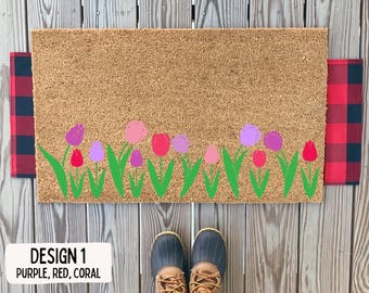 Colorful Tulip Front Doormat | Easter Doormat |  Simple Spring Floral Welcome Mat | Cute Outdoor Spring Porch Decor | Housewarming Gift