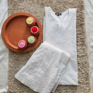 White Mulmul Cotton Chikankari Kurta Palazzo Set with Dupatta for Women Indian Ethnic Wear Minimalist Fashion Clothing