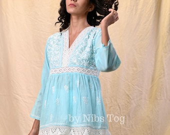 Kota Cotton Embroidered Blouse for Women Hand Embroidered Chikankari Short kurta