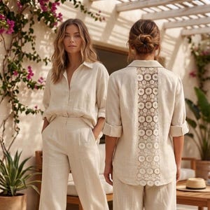 Ivory Linen Two Piece Set: Relaxed Fit Button Down Shirt, Wide Leg Pants