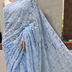 Handmade Georgette Chikankari Saree Full Jaal Embroidery Saree with Free Petticoat/Shaper