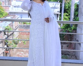 Handmade White Chikankari Kurti Set with Dupatta: Indian Festival Wear