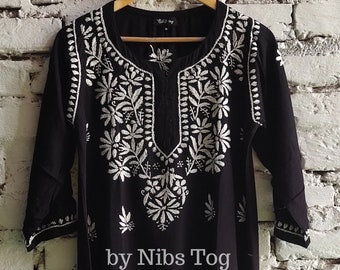 Black Chikankari Kurta: Embroidered Rayon Cotton Indian Top