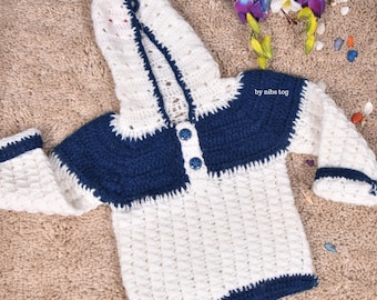 White Blue Hand Knitted Cardigan with Hoodie Unisex 6 month to 2 Year