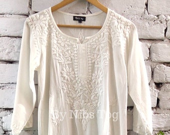 Nibs Tog Cotton White Chikankari Straight Kurta/Top for Women, Indian Lucknowi Chikankari Short Kurta/Kurti with Jeans