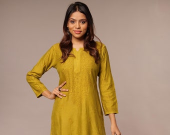 Handmade Green Chikankari Kurta: Embroidered Modal Silk Indian Tunic