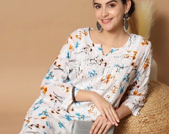 Handmade Floral Print Chikankari Kurta: Mulmul Cotton, Straight Fit