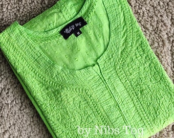 Green Mulmul Cotton Chikankari Kurta for Women Indian Ethnic Wear