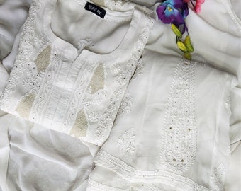 Dyeble White Chikankari Kurta Palazzo Set with Dupatta Party Wear Indian Suit with FREE Mulmul Liner