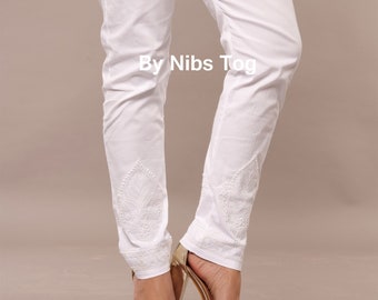 White Chikankari Stretchable Pant for Women with pocket handmade Indian Bottoms Casual Wear