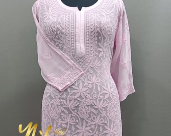 Handmade Georgette Chikankari Kurta with Slip and Pant, Indian Ethnic wear Salwar Kameez suit