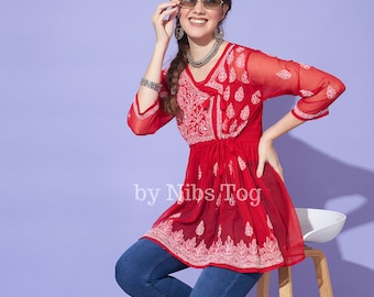 Red Embroidered Blouse with camisole Angrakha style